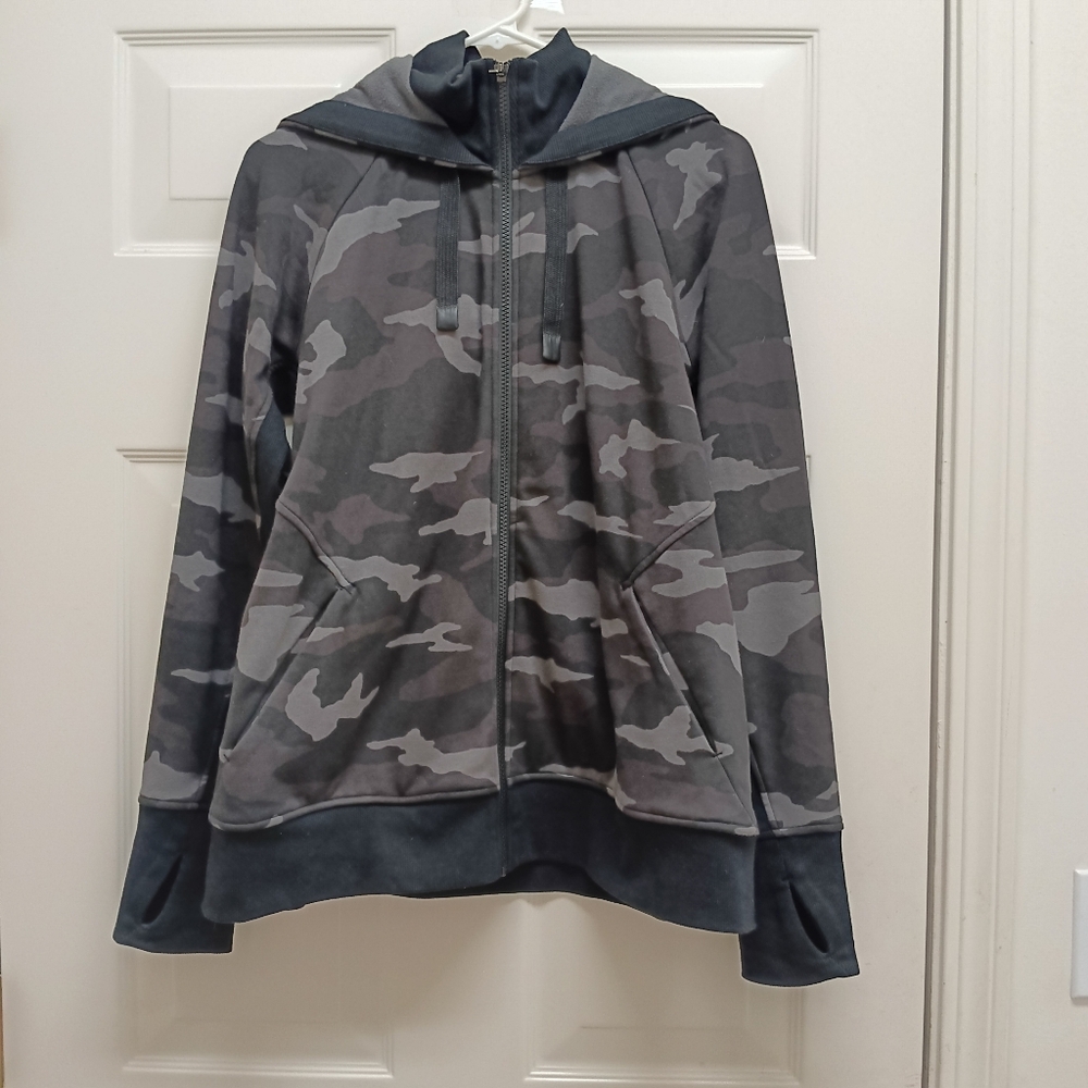 Athleta Triumph Camo Hoodie Black Gray Large Full Zip Athleisure Streetwear